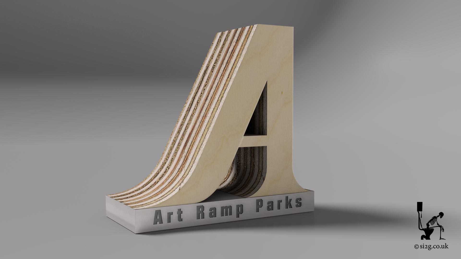 Skatepark Builders Logo - This client wanted their simple 2D logo to look more like some of their skatepark designs.  The brief was to redesign the logo in 3D and make it look like it was made from 18mm marine ply.  The final design was provided cut out and separate from the background, allowing them more flexibility in its application.
