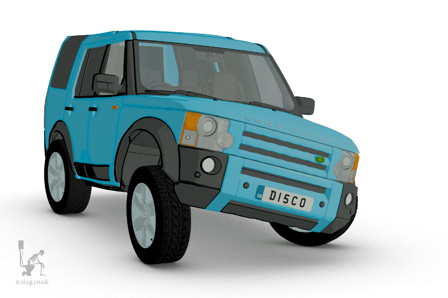 Land Rover Discovery Disco Dance - The inspiration for this cartoon came from the nickname commonly used for this 4x4 off-road vehicle.  The Land Rover Discovery is often referred to as a Disco by Land Rover enthusiasts and that is why this car is dancing the Disco Two-Step.