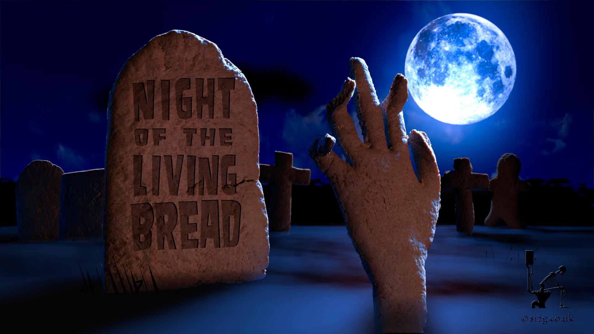 Frame-grab from Night of the Living Bread - This is a frame-grab from a video animation we created.  We wanted the realism you get when photographing gingerbread but be able to animated them with minimal time using a digital system.  Putting the photographs into a computer for the animation stage gave us extra flexibility during the animation stage.  We were able to achieve this animation a lot quicker than if we tried to stop-motion photograph the entire thing in the studio.